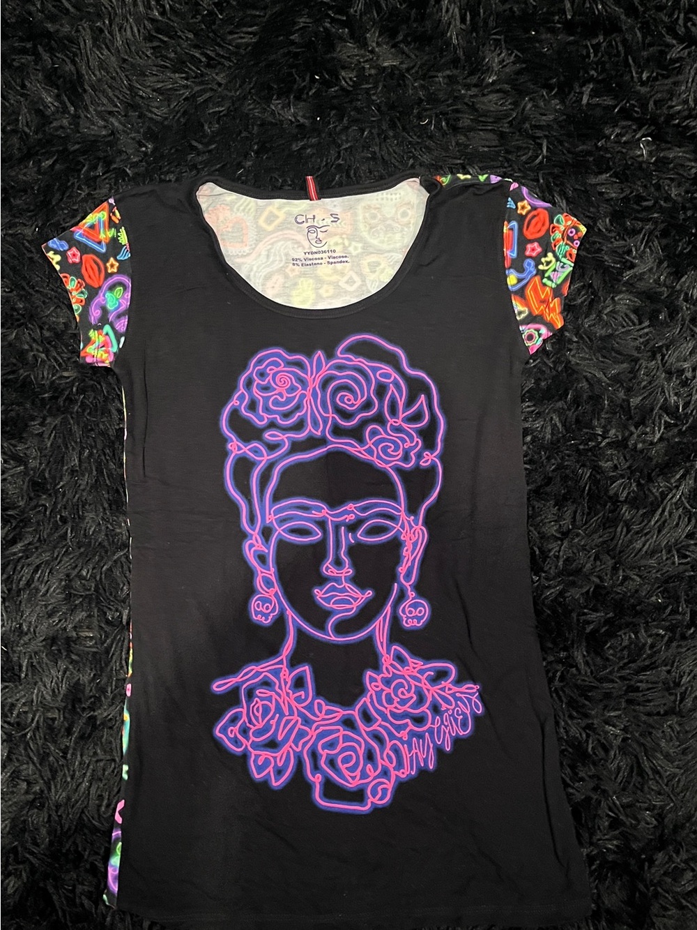 Black Women's Frida Graphic Tee with Neon Pink Design Size S